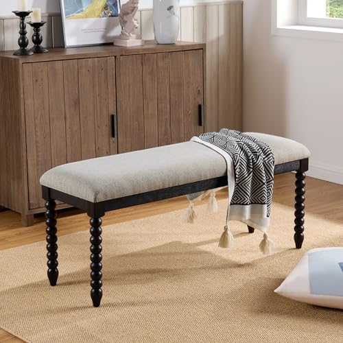 DUHOME Upholstered Bench for Bedroom End of Bed,48" Bedroom Bench Linen Fabric Ottoman Entryway Bench with Vintage Wood Legs for Living Room, Foyer, Dining Room Black/Cream