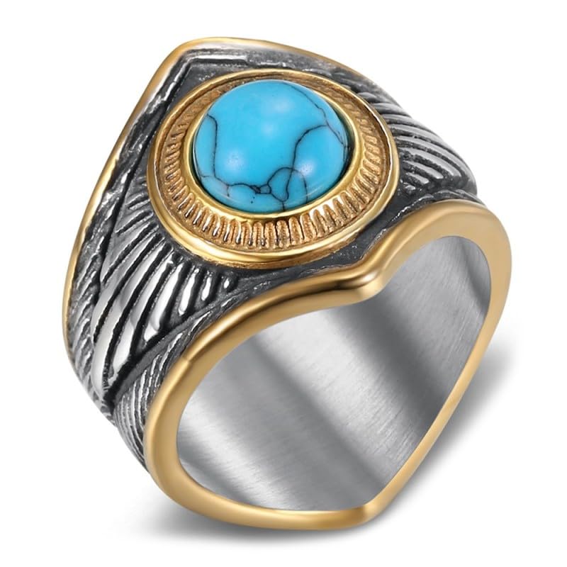 BOBIJOO Jewelry - Bague Biker Turquoise et Or, Inspirée des Cultures Indienne et Chamanique, Acier Inoxydable - 56 (7 US)