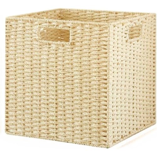 WhiteForest 収納バスケット 折り畳み式 手編み 2個入り ペーパーかご 持ち手付き 収納バスケット ボックス 籠 おもちゃ 小物収納 業務用 幼稚園 卓上 室内 屋外 小物ケース 大きい 天然素材 おしゃれ (27*27*27cm,ベージュ)