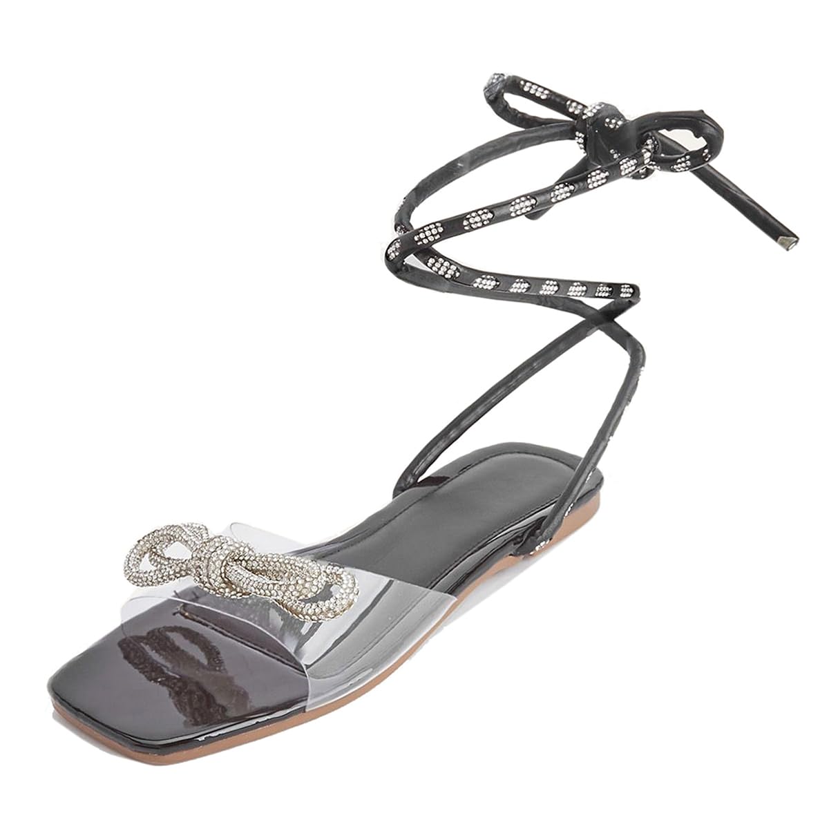 GATUXUS Women's Lace Up Flats Sandals Crisscross Strappy Tie Up Square Open Toe Cusual Mule Shoes