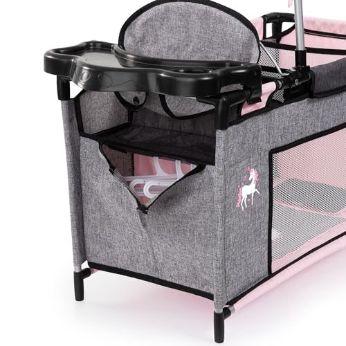 Bayer Design 62633AB Puppenbett mit Schrank, Sitz, Mobile, Ablage, Bettdecke, Kissen, Jeans-grau, rosa, Einhorn, Klein