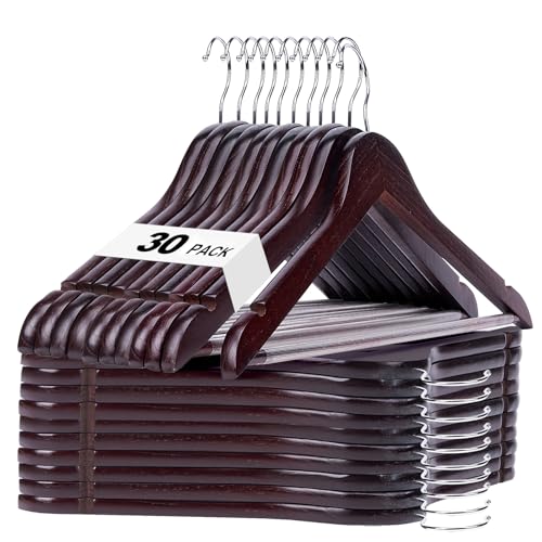 HOUSE DAY Cherry Wooden Hangers 30 Pack, Solid Wood Hanger with Non Slip Pant Bar, Heavy Duty Wooden Coat Hanger for Closet, Smooth Finish Wood Clothes Hangers for Shirts, Suits, Jackets, Dress