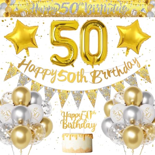 Decoracion Cumpleaños 50 Años Hombre Mujer, Dorados Plateados Globos de Cumpleaños 50 Años, Pancarta Feliz 50 Cumpleaños, Globo Número 50 Oro, Globos Confeti Decoracion de Fiesta para Hombre Mujer