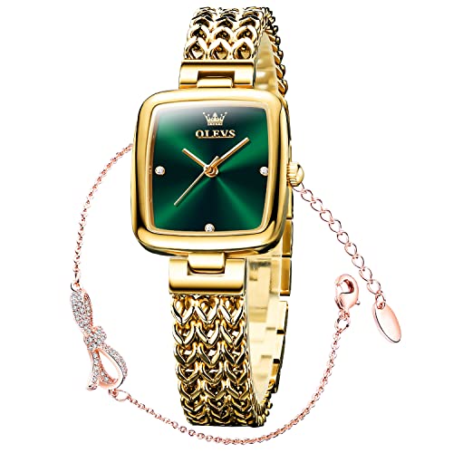 Olevs Womens Square Candy Green Watch Fashion Dress Gold Diamond Female Watches For Ladies Analog Quartz Stainless Steel Simple Waterproof Wristwatch #TOP1