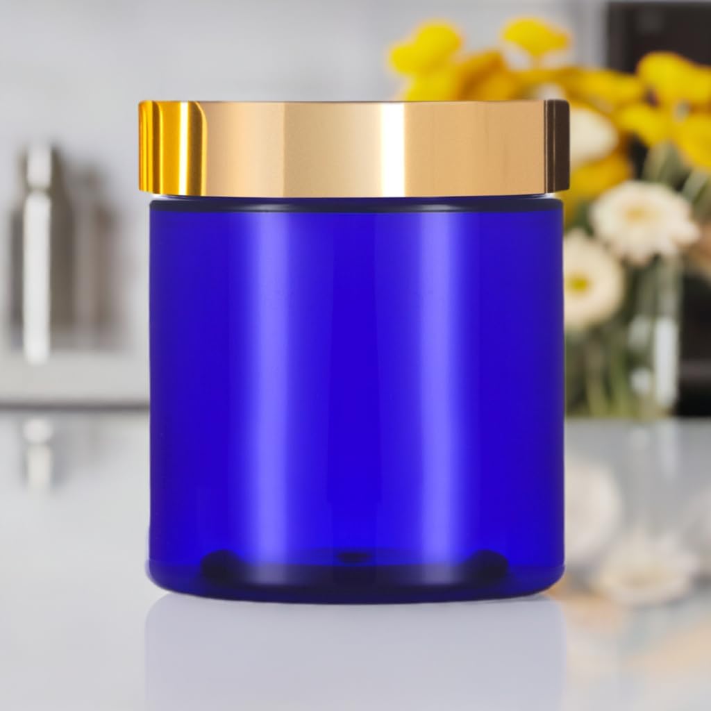 12 oz Cobalt Blue PET Plastic (BPA Free) Jar with Gold Metal Overshell Lid (12 Pack)