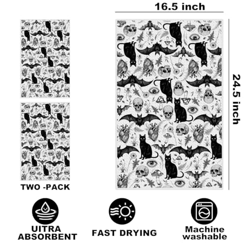 Image of 2Pcs Skeleton Cat Kitchen Towels, Mushroom Durable Microfiber Tea Towels for Kitchen Home Bathroom Farmhouse Decor, Eyes Bat Waffle Weave Dish Drying Towel, Cat Gifts for Women Friend, 24x14 Inch