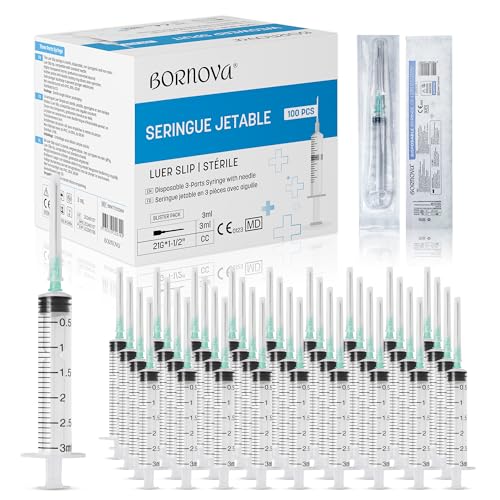 BORNOVA - 3 ML /100 unidades - Dispensadores de líquidos con Luer Slip de 21G (preensamblados). Dispensadores de plástico , ideales para la medición precisa de líquidos. (3 ml / 100 unidades).