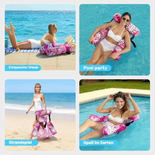 SLOOSH Luftmatratze Pool Wasser für Erwachsene, aufblasbarer Sessel, schwimmende Hängematte, aufblasbare Wasserstühle und Pool Flöße für Sommerpartys, Pool- und Strandspaß, Rosa Blätter