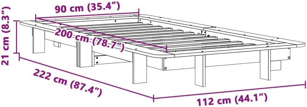 Diagram illustrating the dimensions of the bed frame