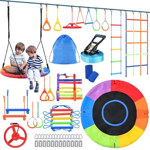 Hapfan 50 FT Ninja Warrior Obstacle Course Swing Set for Kids with Weather-Proof Accessories, Outdoor Playset with Monkey Bars for Backyard