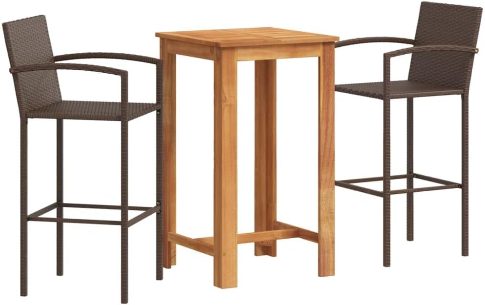 Modern Brown Garden Bar Set with Acacia Wood Table and Two Stools for Outdoor Patio, Durable Poly Rattan Furniture with Comfortable Footrest and Back Support, Space-Saving