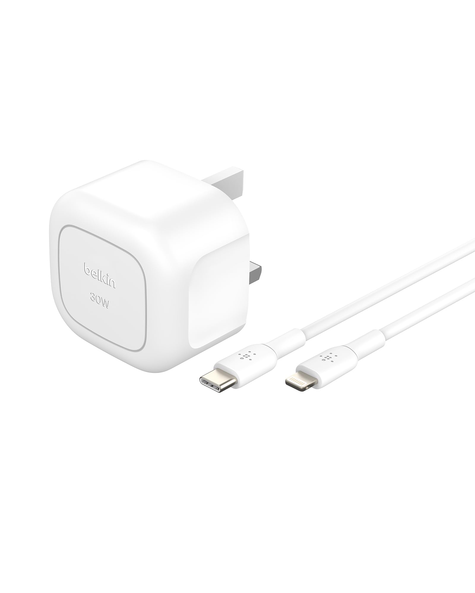 Belkin BoostCharge Compact Wall Charger 30W, Travel-friendly USB-C Power Delivery Fast Charging for Apple iPhone, iPad, AirPods, Tablet & More with USB-C to Lightning Cable - White