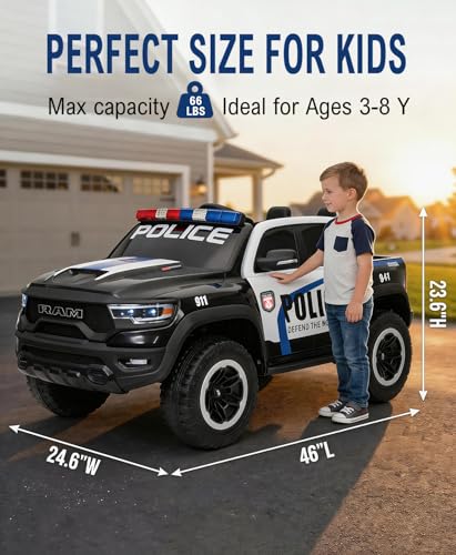 Image of 24V Ride on Police Car, 4WD Electric Kids Patrol Vehicle with Parental Remote Control, Flashing Lights, Siren, Megaphone, Bluetooth, Spring Suspension, 2-Seater Motorized Toy Truck for Kids
