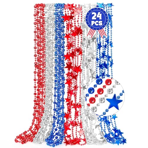 EOBOH 4th of July Accessories, 24PCS Fourth of July Patriotic Beads Necklaces Bulk, Independence Day Red Blue White Stars Round Beads, Patriotic Necklace for Parade Party Favors Decorations