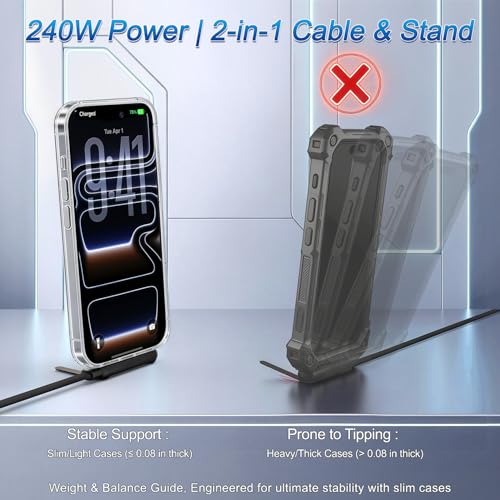 Image of Invisible Holder Charger Cable, 240W Fast Charging Cord, USB-C to USB-C Cable 1.5 M /4.9 FT with 360 Adjustable Metal Stand, 2 in 1 Holder Charger for Gaming, Office, Home, Black, 2 PACK