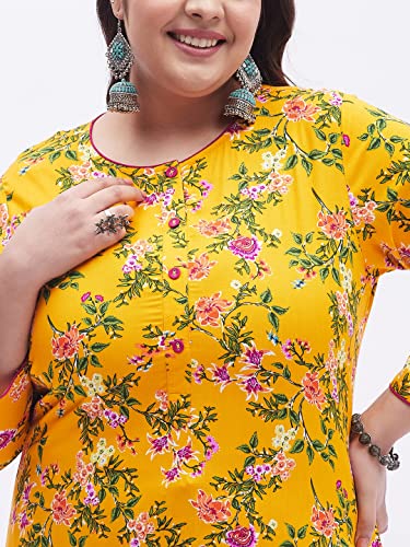 Image of Tissu Women's Plus Size Yellow & Pink Printed Kurta with Palazzo
