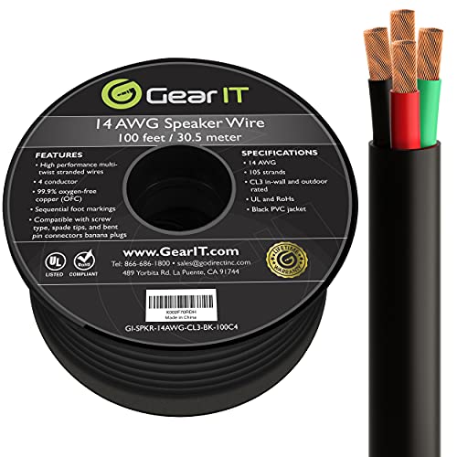GearIT 14/4 Speaker Wire (100 Feet) 14AWG Gauge, Black 4-Conductors/Outdoor Direct Burial in Ground/in Wall / CL3 CL2 Rated - OFC Oxygen-Free Copper, Black 100ft