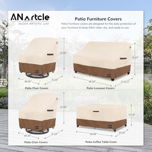 Image of ANartcle Patio Furniture Covers 4 Piece Set, 600D Waterproof Heavy Duty Outdoor Furniture Covers,Fit Wicker Patio Loveseat, Swivel Rocker Chair and Coffee Table,Beige&brown