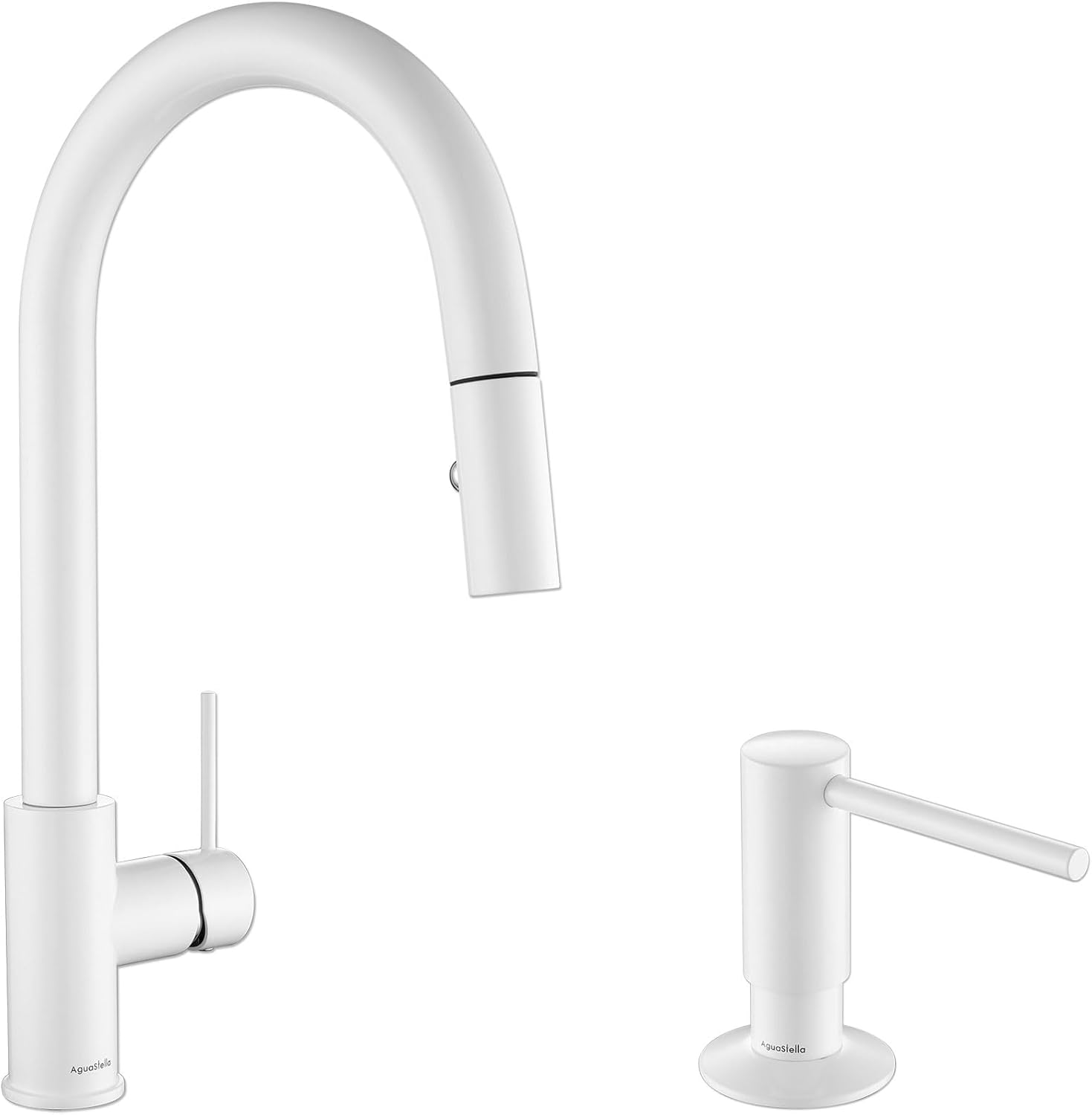 AguaStella AS60W White Pull Down Kitchen Faucet and ASF026W White Built in Soap Dispenser Combination