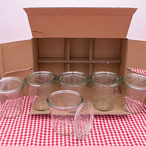 flaschenbauer.de Weck Lot de 6 bocaux, en verre, hauts, vides, 290 ml, avec anneau en caoutchouc, 2 pinces et arceau en métal, utilisables pour la conservation, à remplir, fabriqués en Allemagne Cover