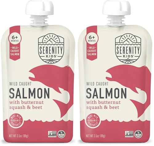 Image of Serenity Kids 6+ Months Salmon Baby Food Pouches - High-Protein-Packed Baby Food - Wild-Caught Salmon Puree with Butternut Squash - No Sugar Added Toddler Meals - 3.5 Oz, Pack of 6 (Pack of 2)