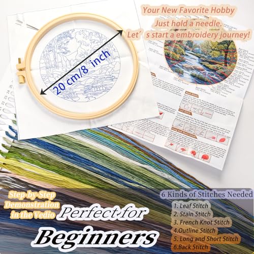 Image of FONNUY Embroidery Kit for Beginners, Boho Nature Landscape Pre-Stamped Pattern Kits for Adults with Hoop, Easy to Follow Color Thread Needlework, 8'' Hoop (Verdant Riverside)
