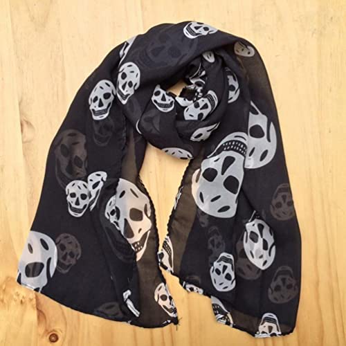 Wakauto Ladies Tulle Skull Pattern Printed Scarf Cool Comfortable Fashion Soft Gothic Scarf Shawl Ladies Girls 165 X 70cm (Black)2