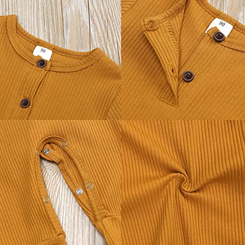 Beivslley Newborn Baby Boy Girl 2 Pack Button Solid Romper Infant Long Sleeve Knit Cotton Footless Outfits Clothes,Army Green+Yellowy,0-3M #TOP4