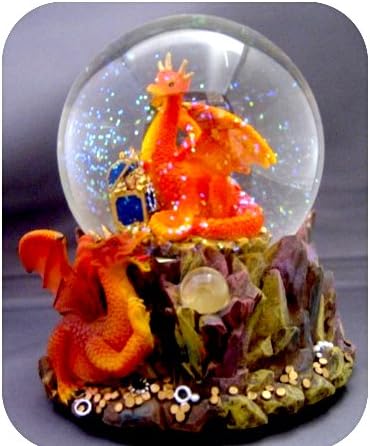 Redish/Orange Treasure Dragon Snow Globe - Sculptured Resin Water Ball Music Box 5 3/4" High