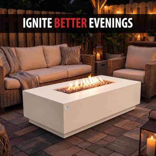 Image of AMS 66 inch Rectangular Concrete Propane Gas Fire Pit Table only (Cream White)