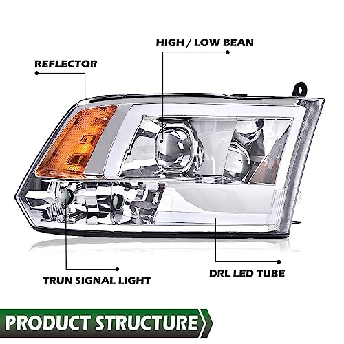 Image of GRAND ORANGE LED DRL Headlights Assembly Compatible with Dodge Ram 1500 2500 3500 2009-2012 Left & Right Head Lamps Clear Lens Chrome Housing Amber Reflector