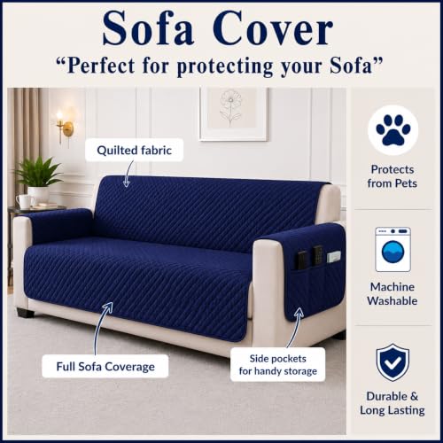 Image of STITCHNEST 'Airsoft Range Series' Solid Quilted Velvet Sofa Cover for 3 Seater | Premium Soft Velvet Sofa Protector | Blue Diamond Quilted Design with Armrest Pockets | Furniture Cover
