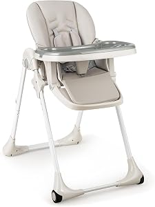 KOTEK Foldable Baby High Chair w/ 7-Position Adjustable Seat Height, Adjustable Backrest, Footrest and Tray, Portable Baby Dining Chair w/ Detachable PU Leather Cushion, Wheels for Infant Toddler (Grey)