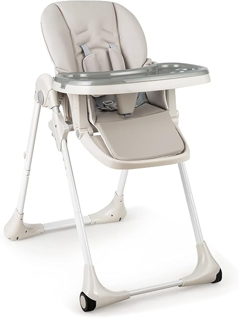 KOTEK Chaise haute pliable bébé w/ 7-Position Hauteur de siège réglable, dossier réglable, repose-pieds et plateau, chaise à manger pour bébé portable avec/ amovible PU Coussin en cuir, Roues pour bébé (Grey)