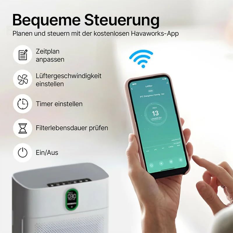 Smartphone screen showing the Havaworks app interface for controlling the air purifier, with options for schedule, fan speed, timer, filter life, and power.