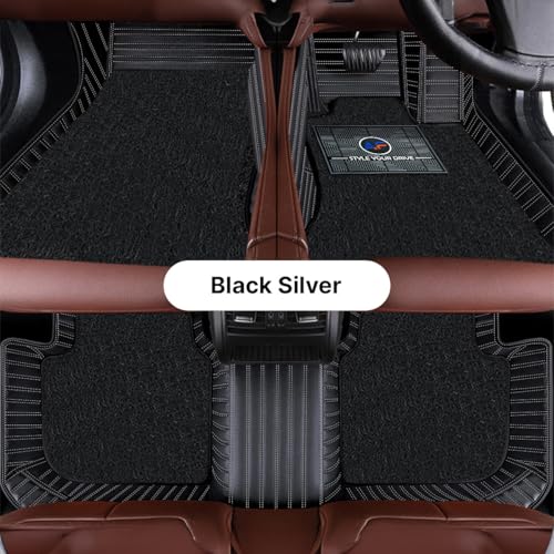 Image of Autofurnish Premium 9D Car Mat Full Set for Mahindra XUV 3XO (Automatic) 2024 || Luxury Leather Dual-Stitch Full Set 9D Car Floor Mat || 100% Waterproof || Color : Black Silver