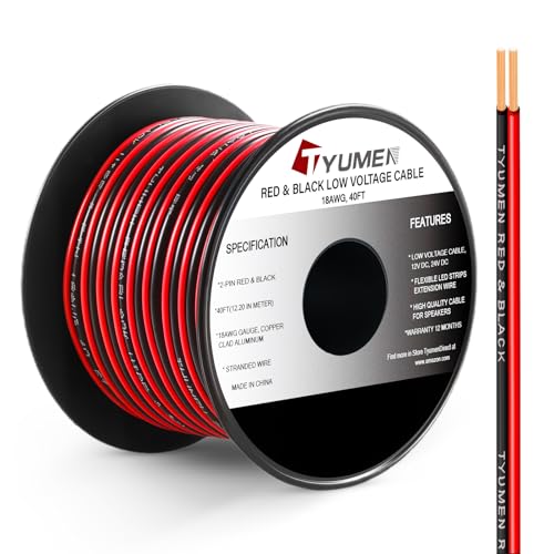 TYUMEN 40FT 18 Gauge 2pin 2 Color Red Black Cable Hookup Electrical Wire LED Strips Extension Cord 12V/24V DC Cable, 18AWG Flexible Wire Extension Cords for LED Ribbon Lamp Tape Lighting