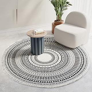 Round Rug Black and White Circle Rug 90cm Cotton Area Rug Hand Woven Washable Carpet with Tassels for Living Room Hallway Bedroom Outdoor