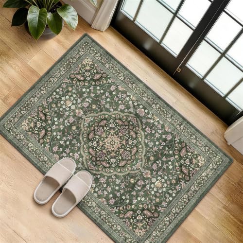 Image of FVVRAX Vintage Rugs Living Room 60x90cm, Forest Green Rugs for Bedroom, Machine Washable Rug with Anti-Slip TPR Backing, Small Entryway Area Rug Low Pile Carpet for Kitchen Doorway Bedside Nursery