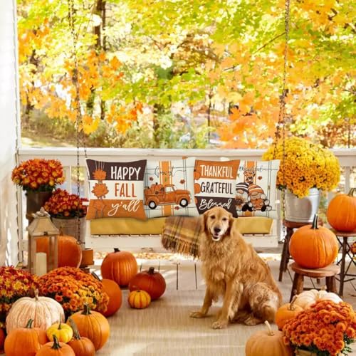 Image of PSDWETS Throw Pillow Covers 20x20 Set of 4 for Fall Decor,Fall Decorations Maple Leaves Pumpkin Farmhouse Autumn Thanksgiving Cushion Cover for Home Sofa Couch