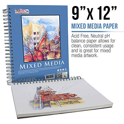 U.S. Art Supply 9" x 12" Mixed Media Paper Pad Sketchbook, 2 Pack, 60 Sheets, 98 lb (160 gsm) - Spiral-Bound, Perforated, Acid-Free - Artist Sketching, Drawing, Painting Watercolor, Acrylic, Wet & Dry