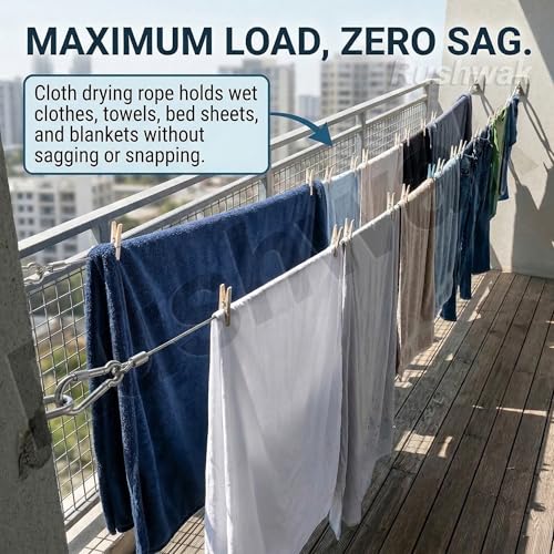 Image of Rushwak Stainless Steel Clothes Drying Rope with Carabiner Hooks Heavy-Duty Rust-Proof Cloth Rope for Drying Clothes Steel Wire for Clothes Drying Hanging Portable Clothesline - 5 Meter (Pack of 2)