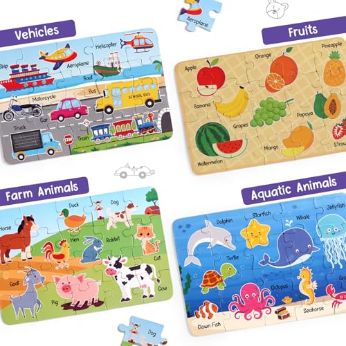 Image of Intelliskills 8-in-1 Jigsaw Learning Puzzle Set for Kids,160 Pieces, 8 Packs, Fruits, Vegetables, Flowers, Birds, Vehicles, Wild, Farm & Aquatic Animals, 3 Years+, BIS Certified, for Gifting