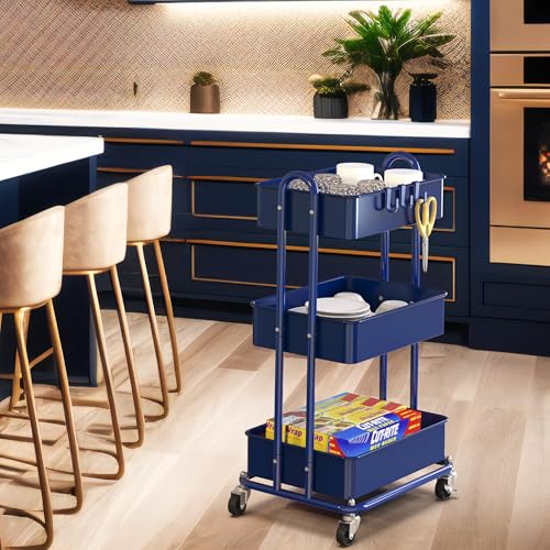 Image of Simple Houseware 3-Tier Heavy Duty Metal Utility Rolling Cart, Navy