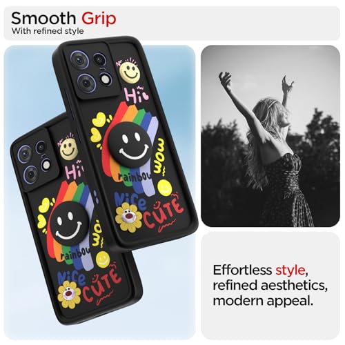 Image of Pikkme Back Cover for Motorola Moto Edge 50 Pro 5G | Soft Silicone| Cute Rainbow Smile & 3D Cartoon Flower Design | Shockproof Raised Camera Protection Bumper Case (Black)