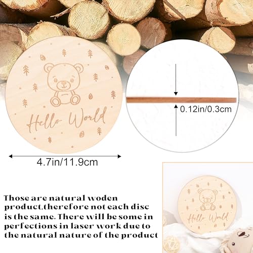 Image of Wooden Hello World Birth Announcement Sign - Teddy Bear Theme Baby Welcome Card for Newborn, Wood Birth Announcement Discs, Wooden Baby Cards First Year, Baby Shower Gift, Gift for Newborn