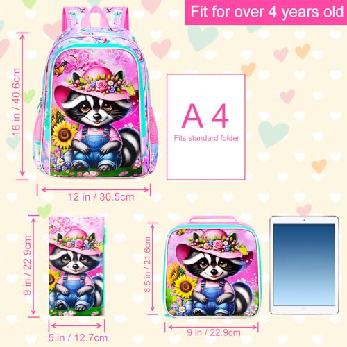 Image of AGSDON 3PCS Raccoon Backpacks for Girls, 16 inch Kids Reflective Elementary Backpack with Lunch Box, Water Resistant School Bags Set for Preschool Toddler