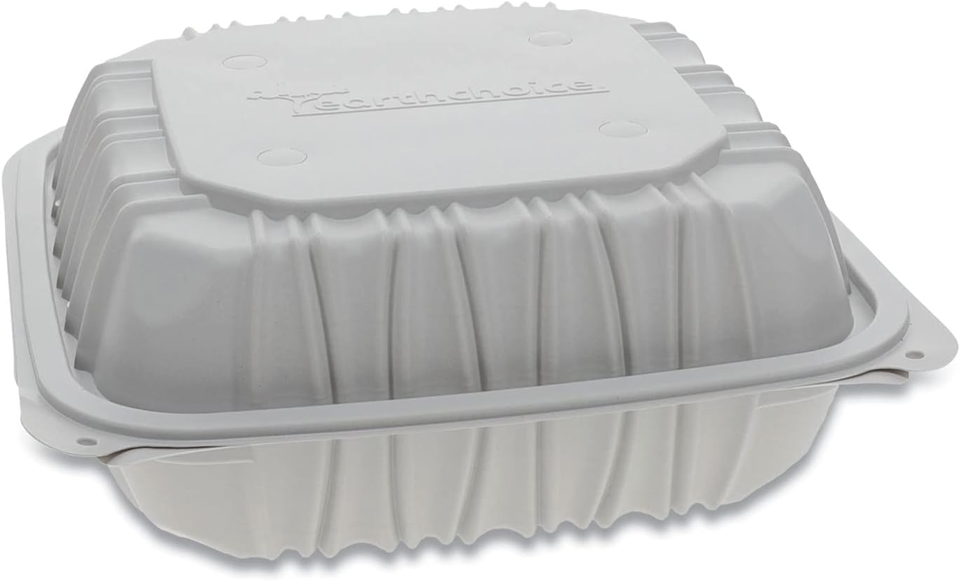 EarthChoice Pactiv YCNW0853 Vented Microwavable Hinged-Lid Takeout Container - 8.5 x 8.5 x 3.1-3-Compartment - White