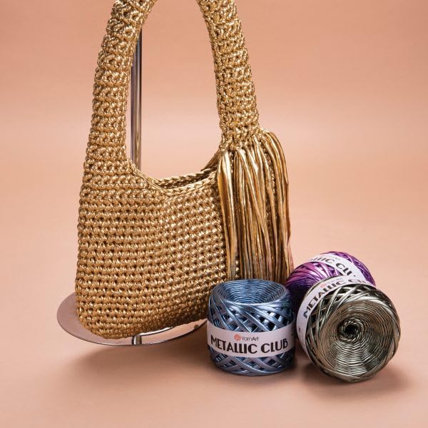 Image of YarnArt Metallic Club Super Bulky T-Shirt Yarn 100% Polyester 6.35 oz / 180 gr, 60 yds / 55 Meters, Shiny Colors, Handbag, Rug, Chic Night, Crochet Bag (8121)