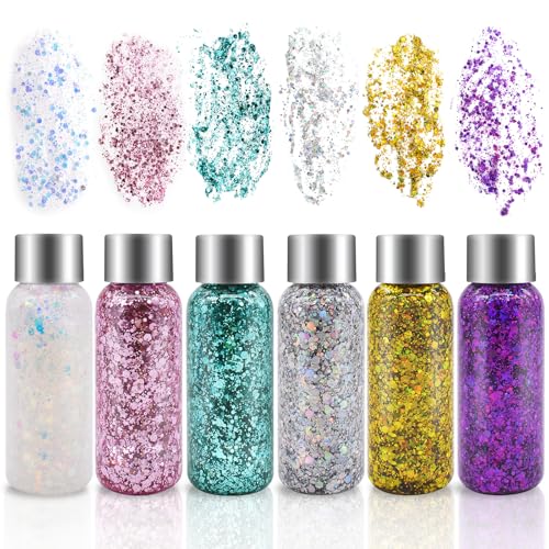 6 Botellas Purpurina Líquida para Maquillaje, Purpurina Cara Festival Gel, Body Glitter Gel, Brillante para Cosméticos, Pelo, Labios, Uñas, Fiesta (Blanco/Oro/Plata/Rosa/verde/Púrpura)